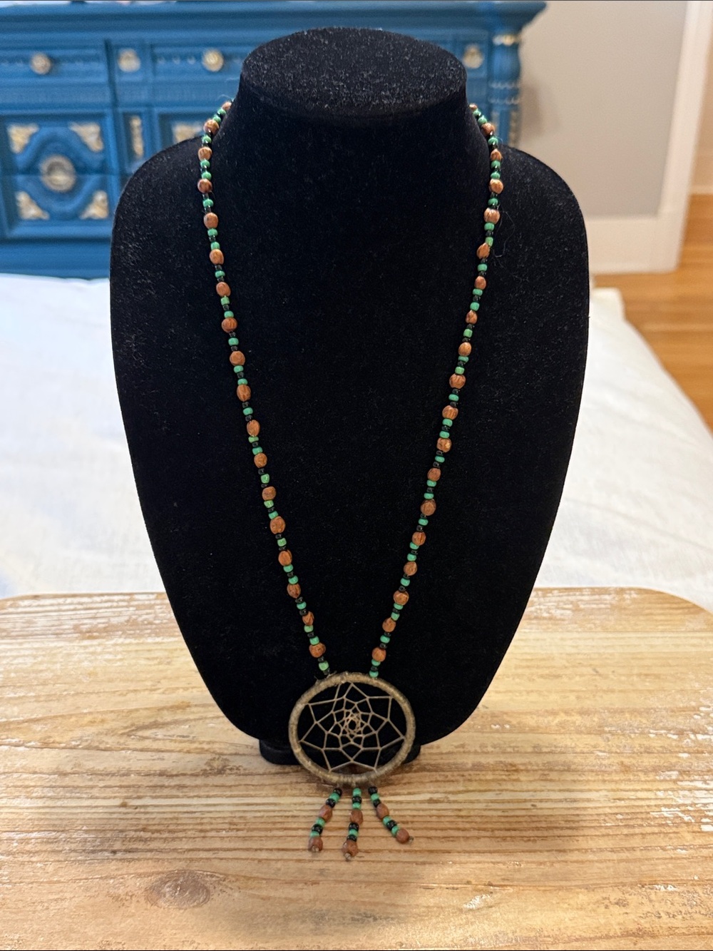 Vintage Brown Black Green Beaded Dreamcatcher Pendant Statement Necklace
